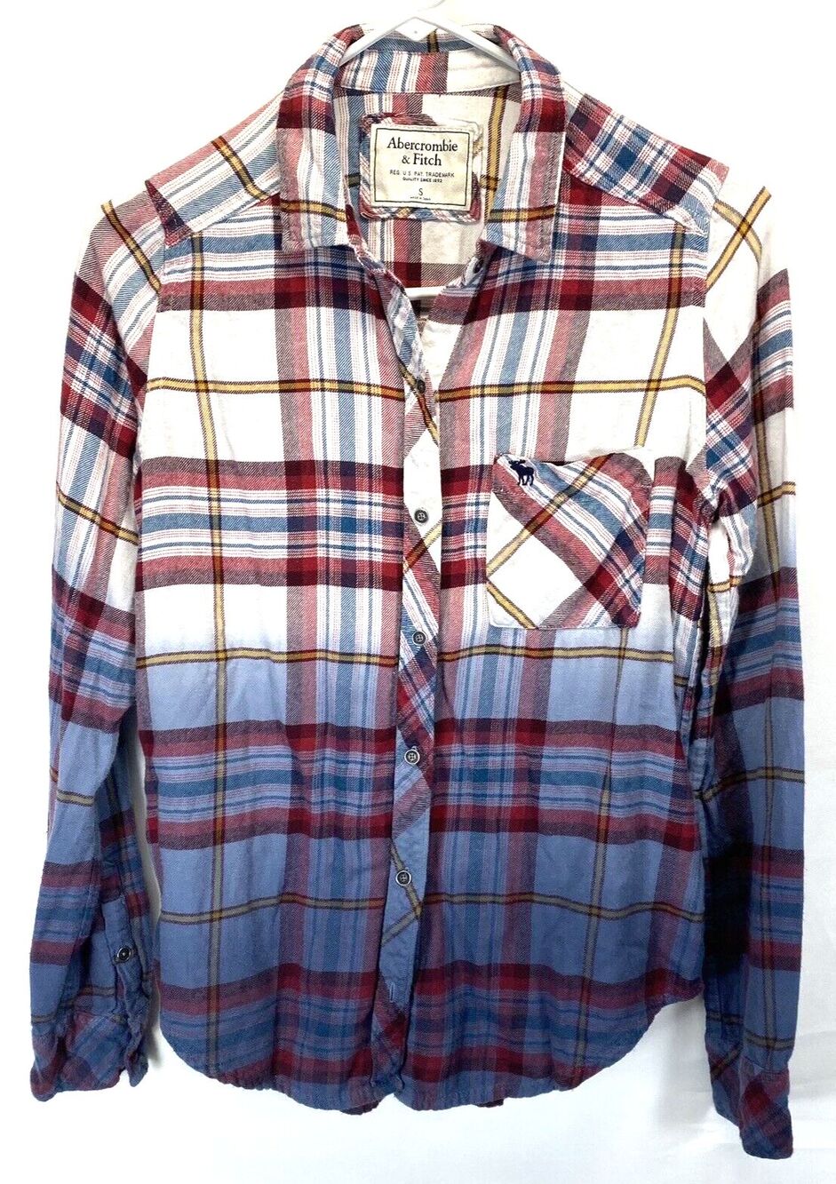 Abercrombie Fitch Women Sz Small Flannel Shirt Red/Blue/White Plaid Metal Button